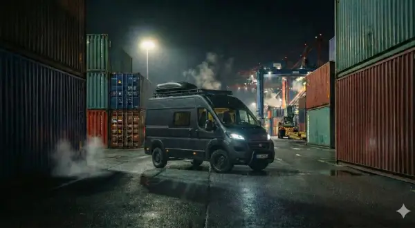 Mörk Fiat Ducato står vid en hamn, omgiven av containrar. Rök stiger från fordonet, vilket antyder ett fiat ducato motor problem.