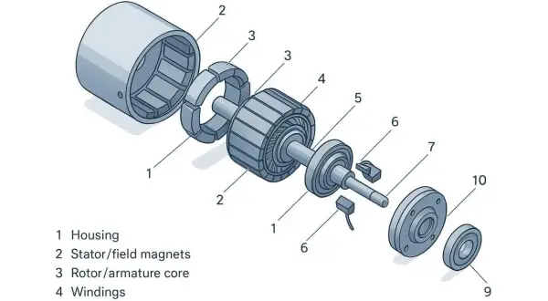 Exploderad bild av en elmotor, liknande en wankel motor, med dess komponenter: hus, statormagneter, rotor och lindningar.