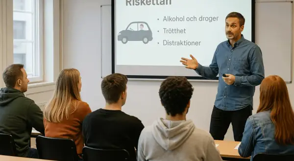 Lärare förklarar risker med alkohol, trötthet och distraktioner under Risktettan. Giltighetstid för körkort är viktig.