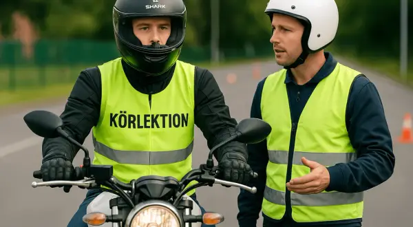 En förare på en moped får instruktioner av en handledare. För att lyckas med teoriprovet för moppe krävs övning.