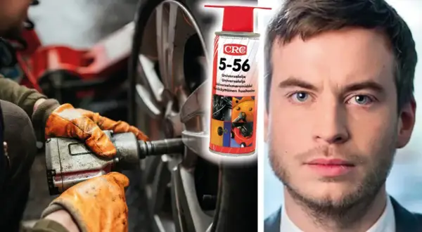 Händer med orange handskar använder en mutterdragare på en bilfälg, bredvid en burk CRC 5-56 och en mans ansikte. Kopparpasta på hjulbultar förhindrar rost.