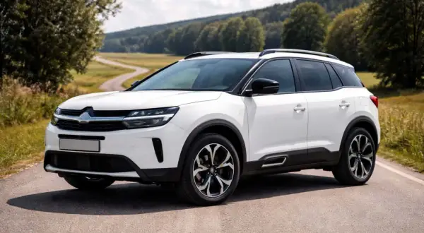 Vit Citroën C5 Aircross på en landsväg, redo för äventyr trots ett potentiellt citroën c5 aircross problem.