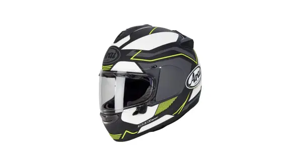 En svart, vit och grå Arai Chaser hjälm med neon-gula detaljer. Perfekt för dig som vill synas på vägen.