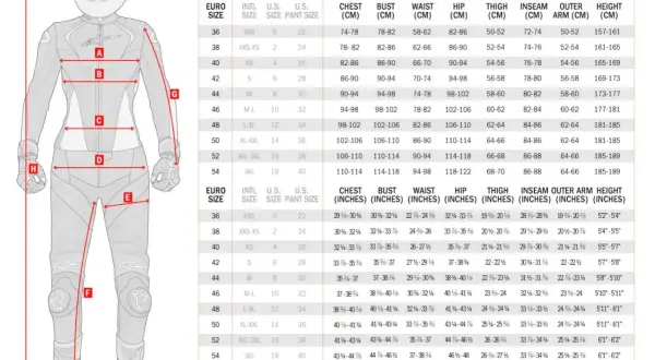 Diagram of a woman in a motorcycle suit with labeled measurements and a size conversion chart.