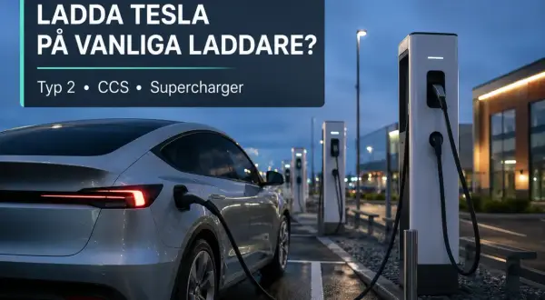 En silverfärgad Tesla laddas vid en laddstation. Texten "LADDA TESLA PÅ VANLIGA LADDAR?" antyder att det handlar om olika typer av tesla laddning.