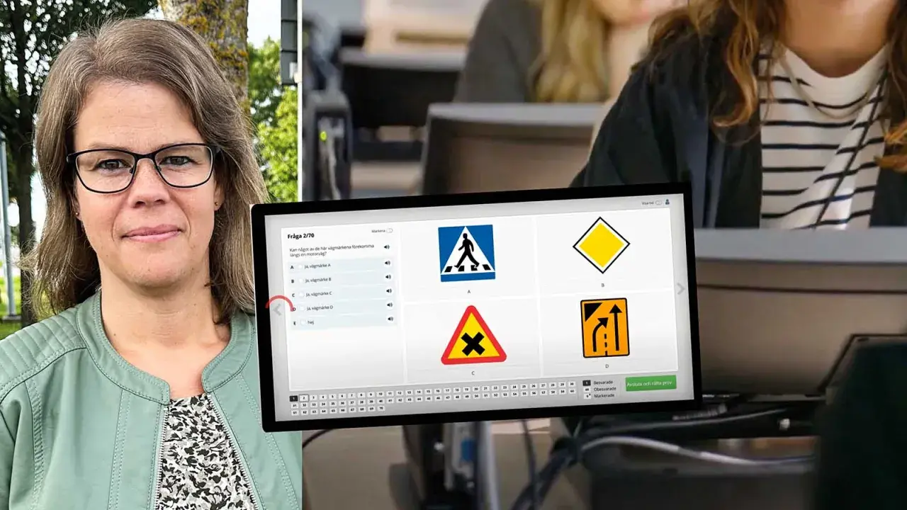 Kvinna med glasögon tittar på en datorskärm som visar en fråga om trafikskyltar, relevant för hur många fel man får ha på teoriprovet.