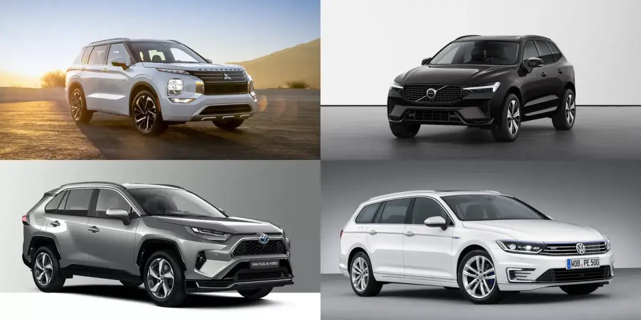 Fyra bilar visas: en vit Mitsubishi Outlander, en svart Volvo XC60, en silverfärgad Toyota RAV4 och en vit Volkswagen Passat. Alla är fyrhjulsdriven laddhybrid.