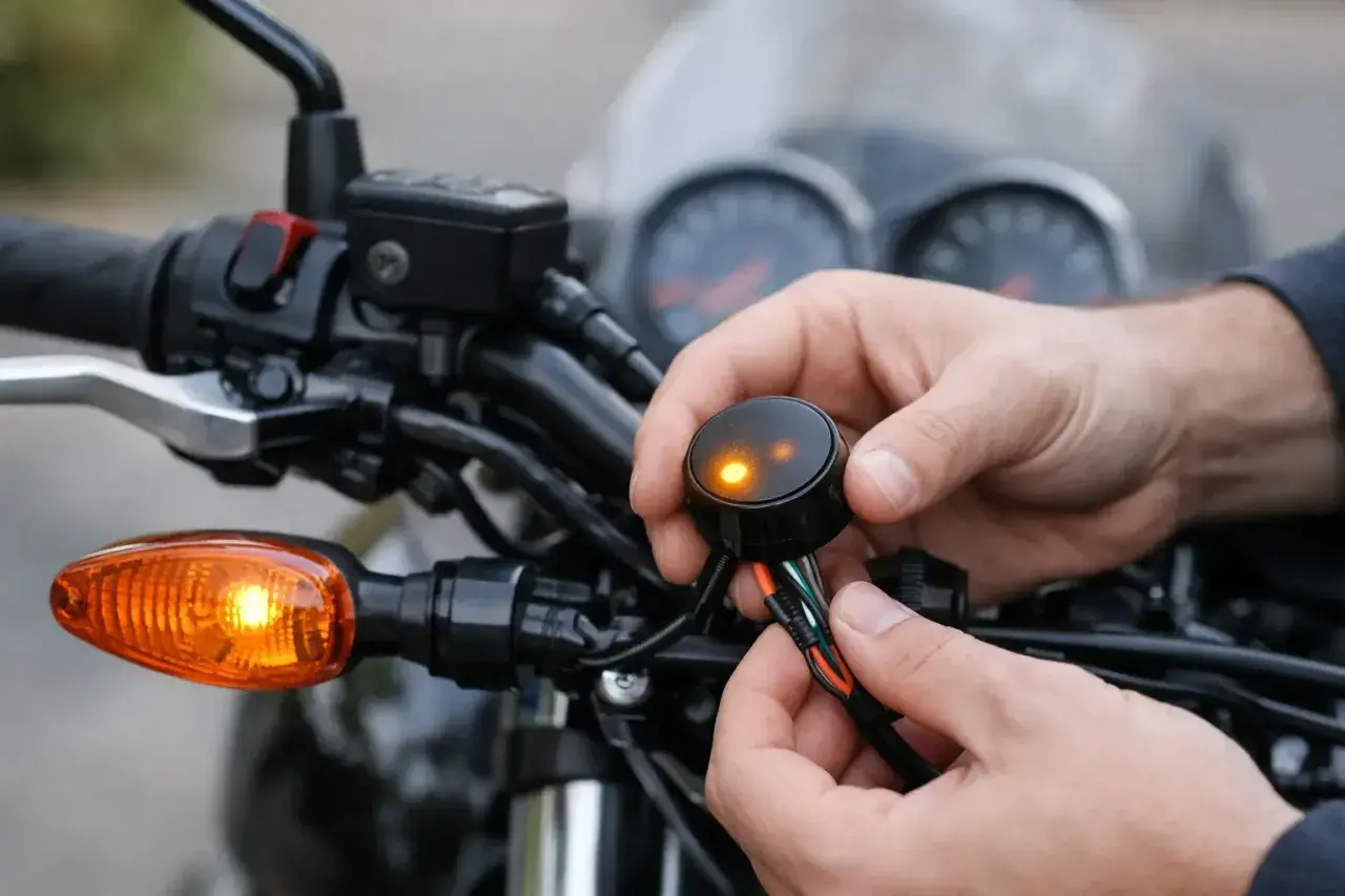 Händer kopplar en blinkers mc regler till motorcykelns styre.