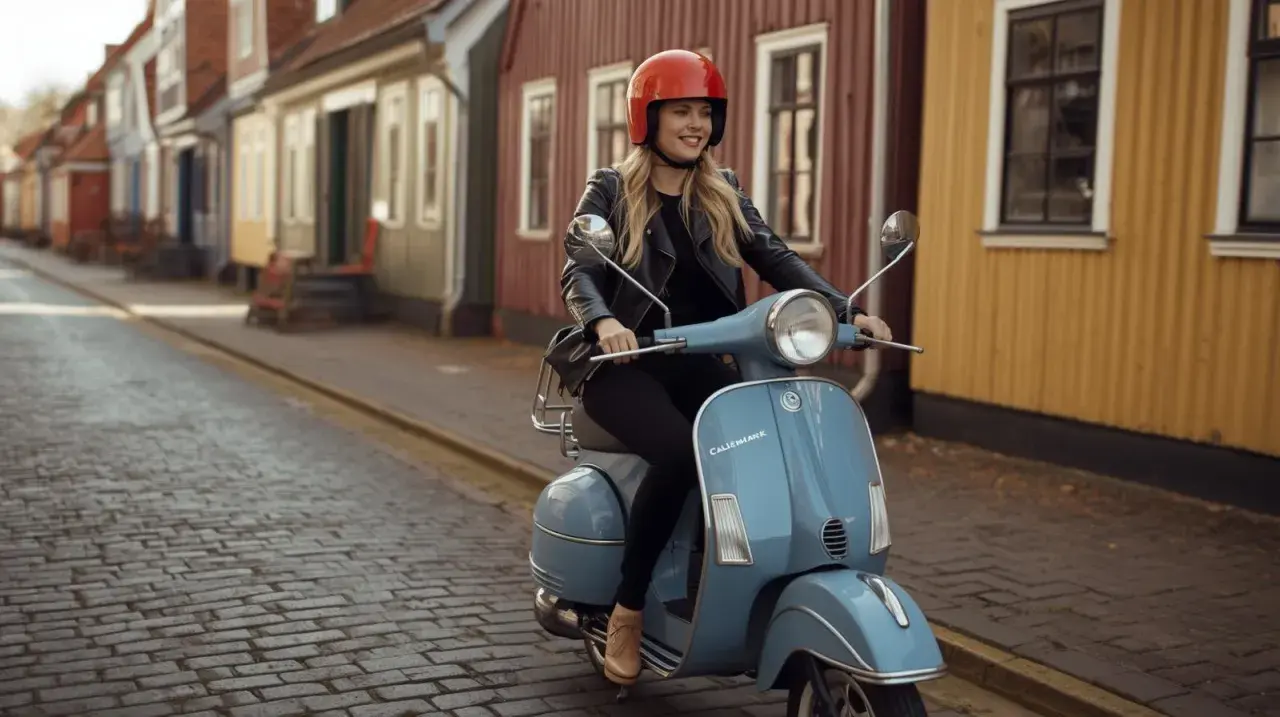 Ung kvinna på ljusblå moped i charmig stadsgata. Drömmer om frihet och ett bra mopedkort pris.