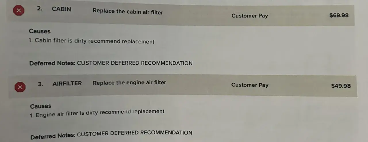 Serviceprotokoll visar rekommendation att byta kupéfilter. Frågan "hur ofta byta kupefilter" besvaras indirekt då det rekommenderas vid smuts.