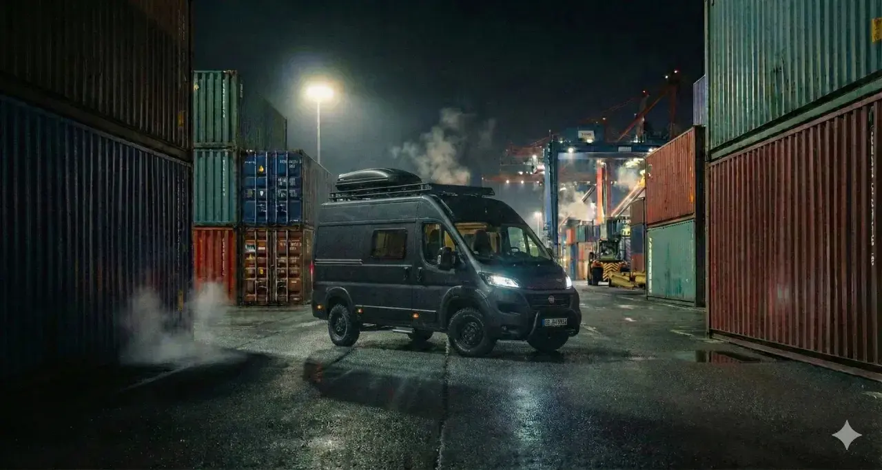 Mörk Fiat Ducato står vid en hamn, omgiven av containrar. Rök stiger från fordonet, vilket antyder ett fiat ducato motor problem.