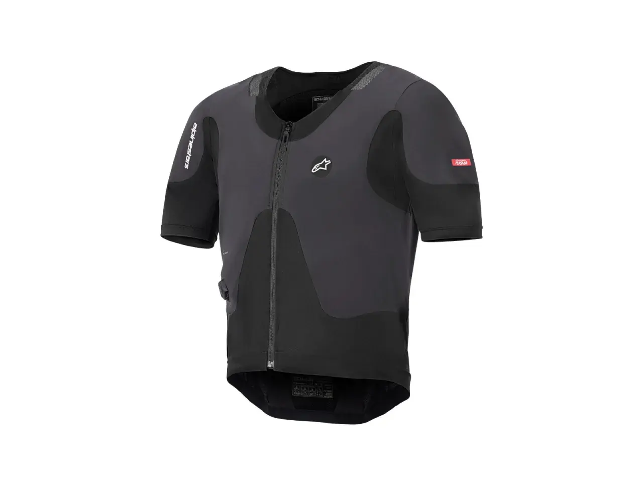 Svart skyddströja med Alpinestars logga och "TECH AIR 5" text. Perfekt för motorcyklister som vill ha extra skydd.