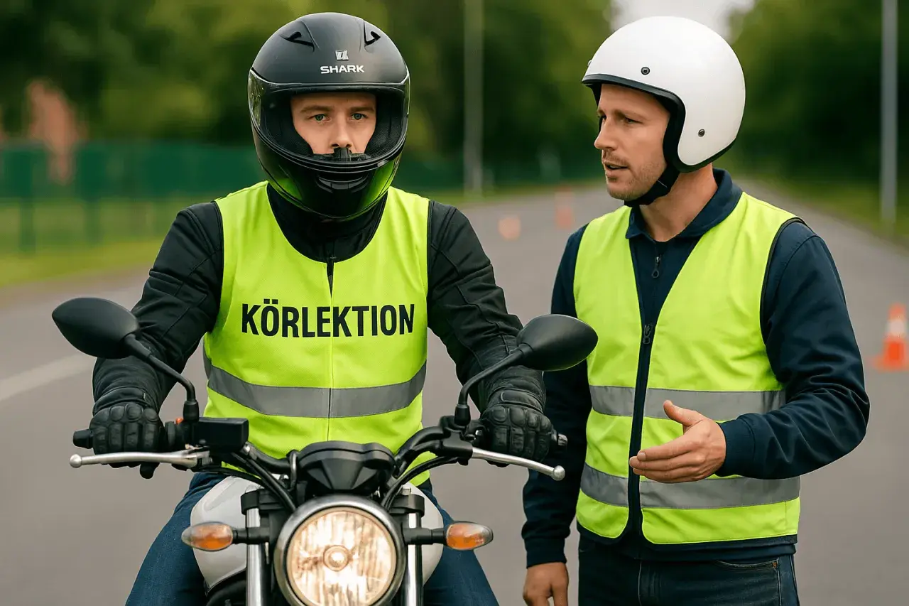 En förare på en moped får instruktioner av en handledare. För att lyckas med teoriprovet för moppe krävs övning.