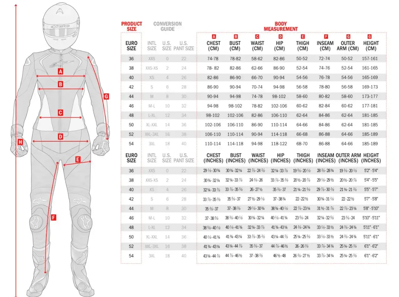 Diagram of a woman in a motorcycle suit with labeled measurements and a size conversion chart.