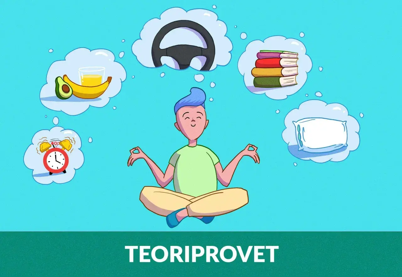 En person med blått hår mediterar om hur ser teoriprovet ut: ratt, böcker, kudde, frukost och väckarklocka.