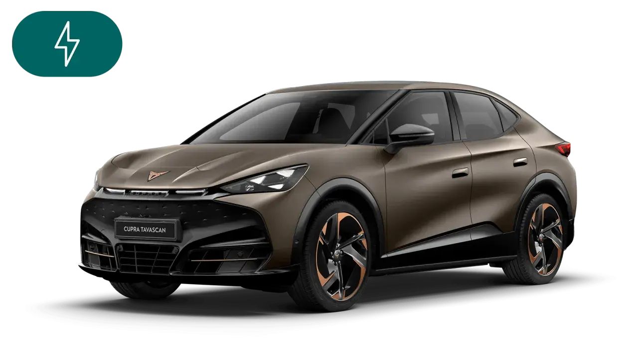 En brun elbil, Cupra Tavascan, med sportiga fälgar och en elektrisk laddningssymbol.
