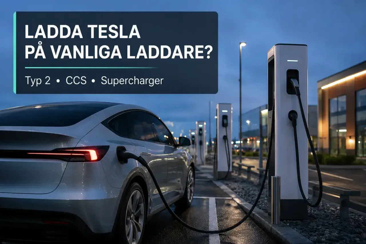 En silverfärgad Tesla laddas vid en laddstation. Texten "LADDA TESLA PÅ VANLIGA LADDAR?" antyder att det handlar om olika typer av tesla laddning.