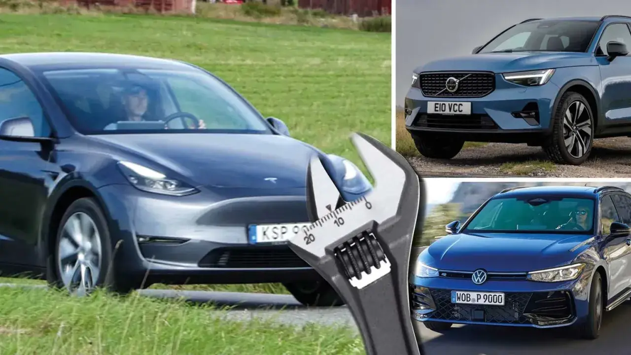 En Tesla, Volvo och VW. En skiftnyckel framför Teslan antyder diskussion om tesla service pris.
