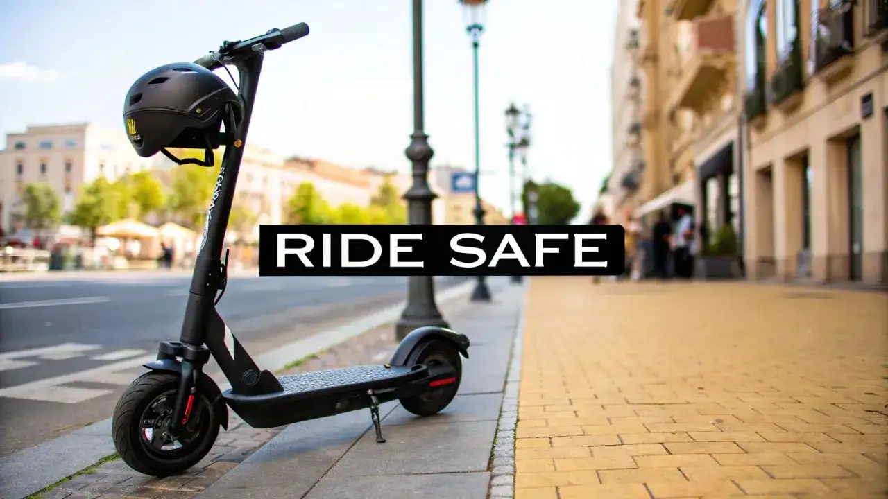 En elscooter står parkerad på trottoaren med en svart carbon hjälm hängande på styret. Texten "RIDE SAFE" syns i bild.