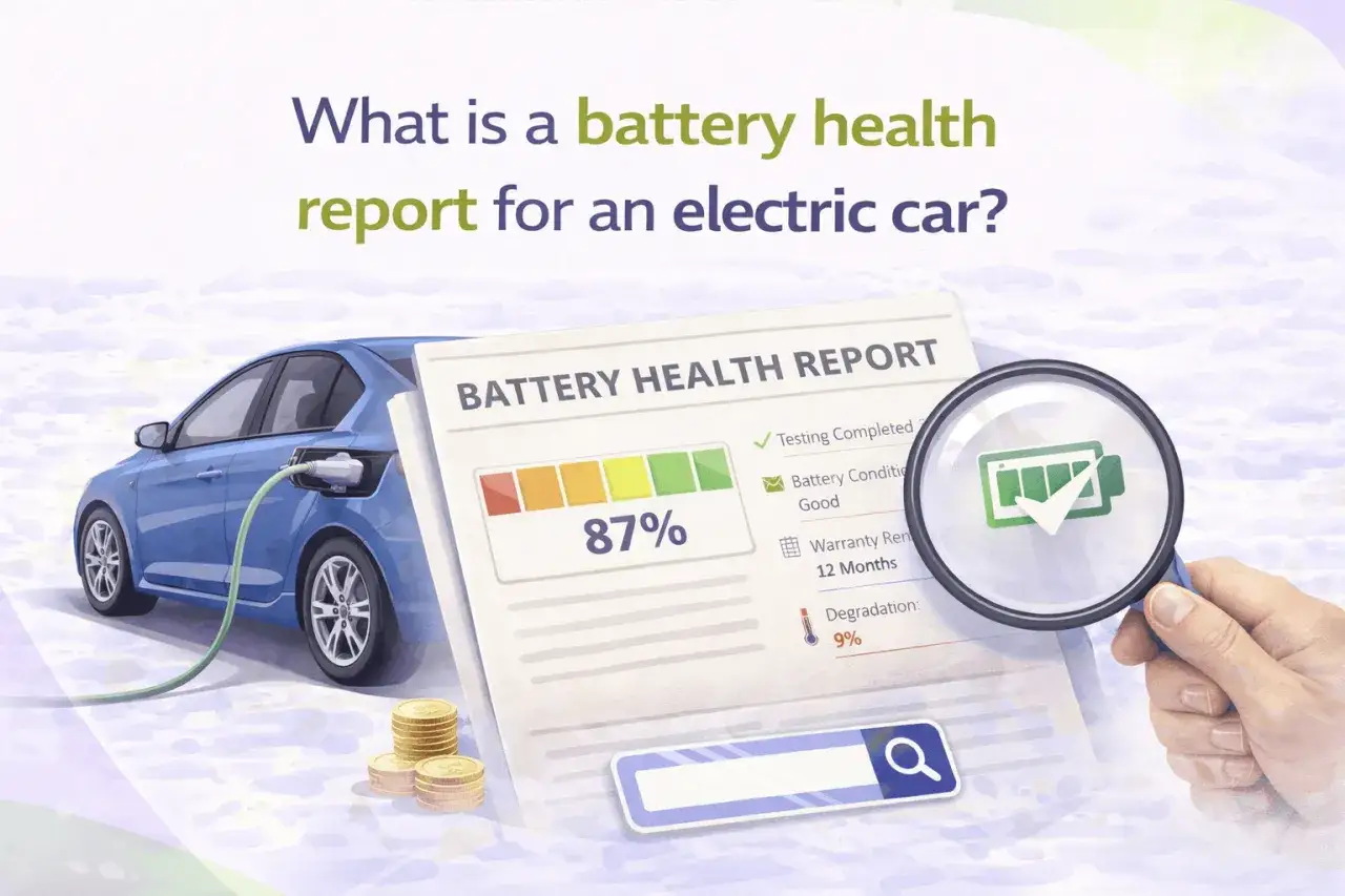 Blå elbil laddas. Ett batteritest elbil-rapport visar 87% batterihälsa och 9% degradering.
