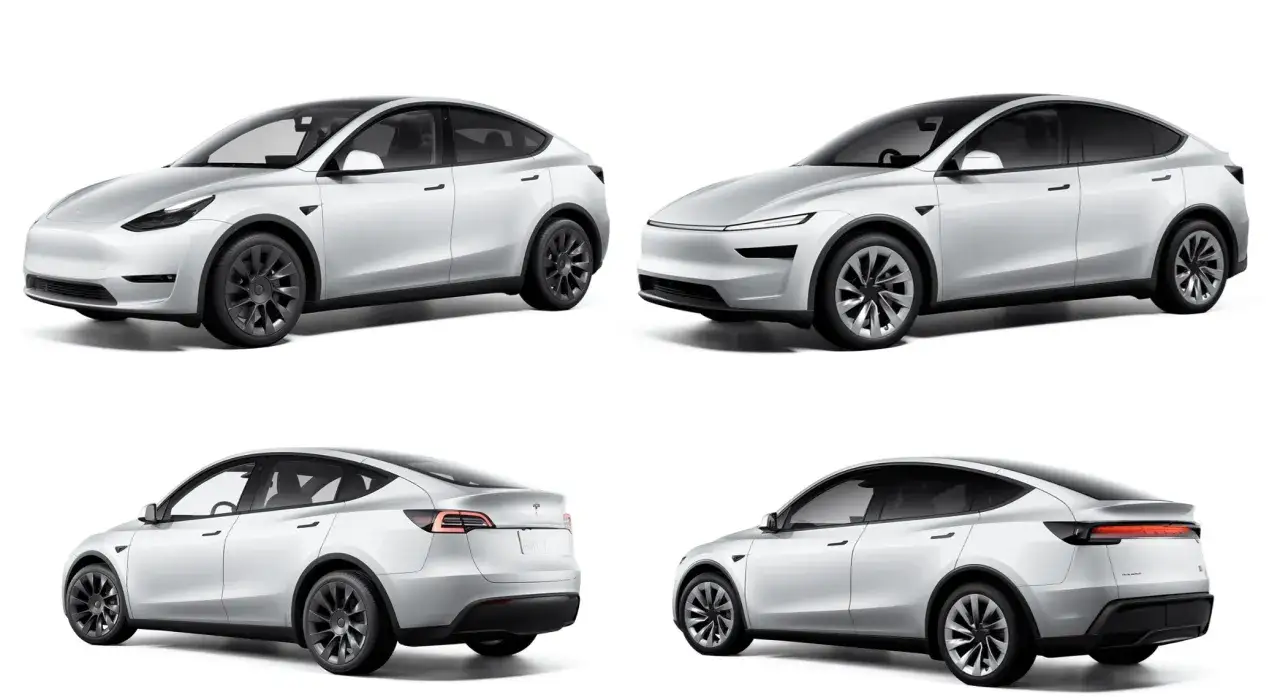 Fyra vyer av en vit Tesla Model Y. Bilen ser ut som en elegant, modern SUV, perfekt för en resa genom en enbärsskog.