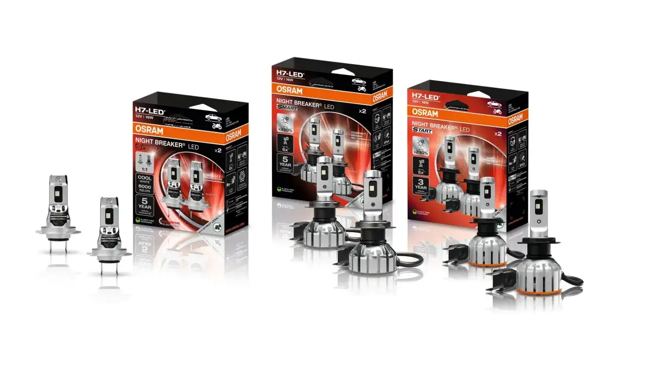OSRAM Night Breaker LED-lampor för en laglig konvertering. Tre förpackningar med H7-LED-lampor visas.