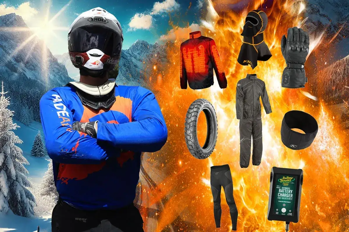Motorcyklist i hjälm och ställ, omgiven av vinterlandskap och eld. Visar upp värmejacka, handskar, däck, overall, pannband, batteriladdare och ett par underställ byxor.