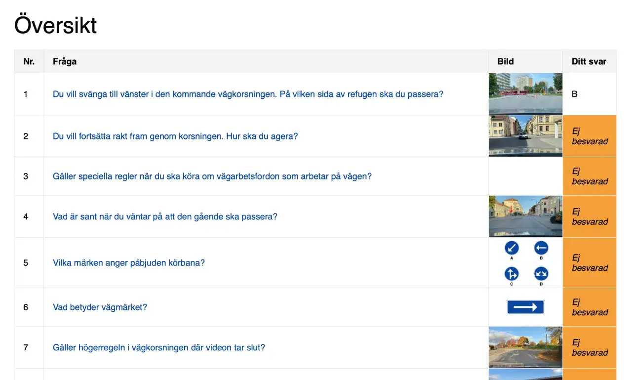 H&auml;r &auml;r en &ouml;versikt som visar hur teoriprovet ser ut, med fr&aring;gor, bilder och svar.