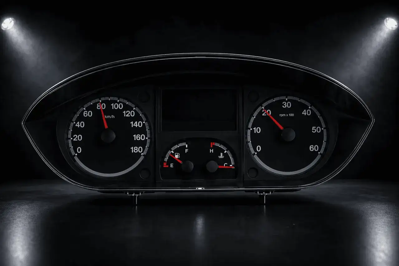 Instrumentpanel från en Citroën Jumper. Hastighetsmätaren visar 60 km/h, bränslemätaren är nära E. Ett potentiellt Citroën Jumper problem kan vara relaterat till dessa mätare.