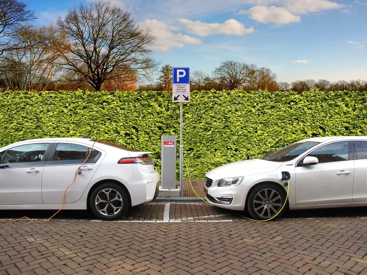 Två vita elbilar laddas vid en laddstation. Kanske en försmak av elbilspremie 2026.