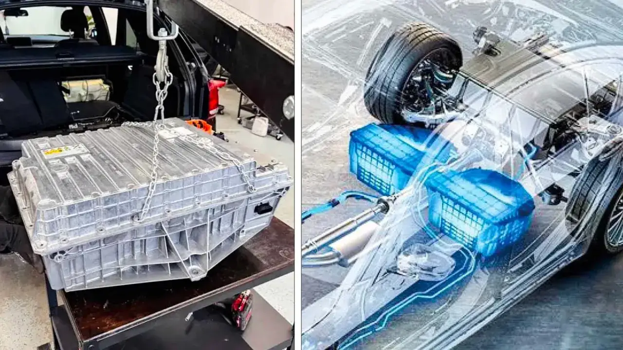 Stor batterienhet lyfts ur en bil. En illustration visar hur batterier sitter i en bil, en av hybridbil nackdelar.