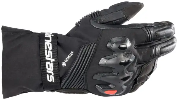 Svart motorcykelhandske med Gore-Tex, förstärkningar och logotyp. Perfekt för din handskars storleksguide.