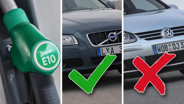 Grön pump med "Super E10" och en Volvo med bock, bredvid en VW med kryss. Välj rätt bränsle, inte 98 oktan om det inte är rekommenderat.