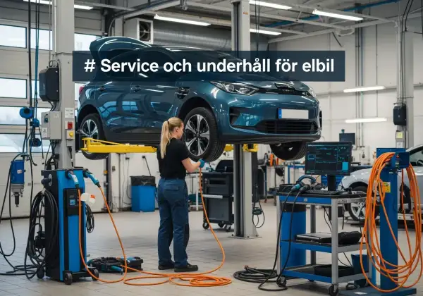 En mekaniker utför service på en elbil som lyfts upp i en verkstad.