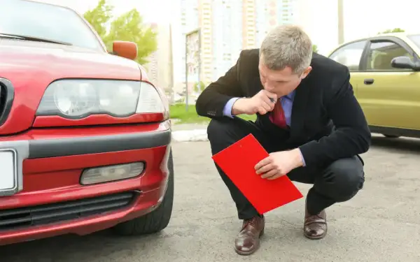 Man i kostym funderar på hur mycket olja rymmer min bil, med en röd pärm i handen vid en röd bil.