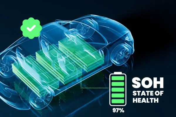 Genomskinlig elbil visar batteripaket. Indikator visar 97% SOH (State of Health) efter batteritest. Grönt kryss bekräftar.