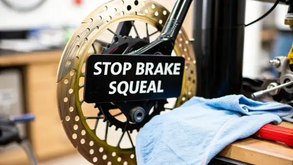 Bromsskiva med texten "STOP BRAKE SQUEAL" som kan förhindra gnisslande ljud bil. En blå trasa ligger bredvid.