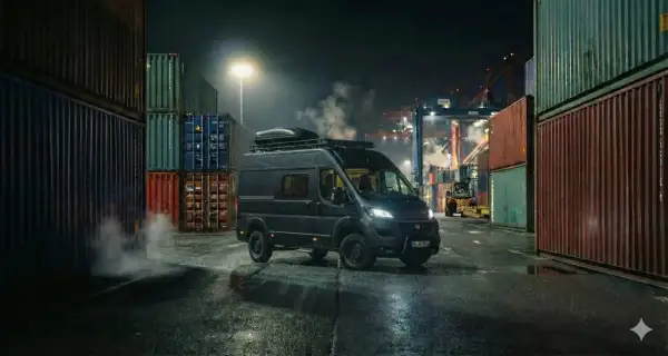 Mörk Fiat Ducato står vid en hamn, omgiven av containrar. Rök stiger från fordonet, vilket antyder ett fiat ducato motor problem.