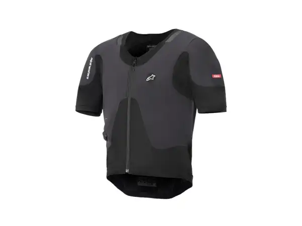 Svart skyddströja med Alpinestars logga och "TECH AIR 5" text. Perfekt för motorcyklister som vill ha extra skydd.