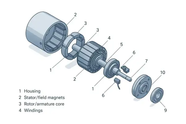 Exploderad bild av en elmotor, liknande en wankel motor, med dess komponenter: hus, statormagneter, rotor och lindningar.