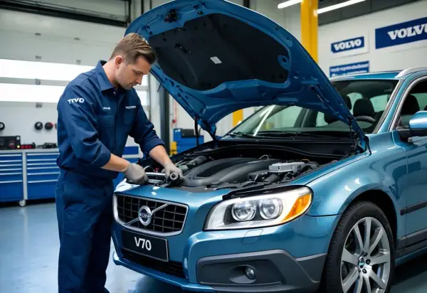 Mekaniker arbetar med en blå Volvo V70. Det är dags för oljebyte intervall för att hålla bilen i toppskick.