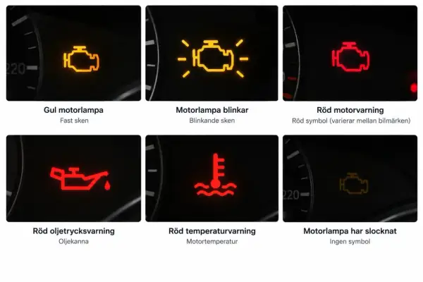Varningslampor i bilens instrumentpanel: gul motorlampa, blinkande motorlampa, röd motorvarning, röd oljetrycksvarning, röd temperaturvarning och när motorlampan har slocknat.