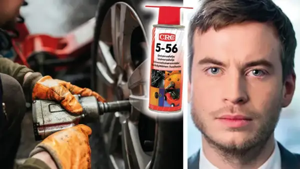 Händer med orange handskar använder en mutterdragare på en bilfälg, bredvid en burk CRC 5-56 och en mans ansikte. Kopparpasta på hjulbultar förhindrar rost.