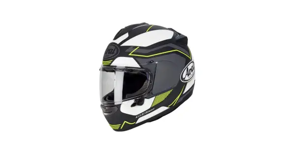 En svart, vit och grå Arai Chaser hjälm med neon-gula detaljer. Perfekt för dig som vill synas på vägen.