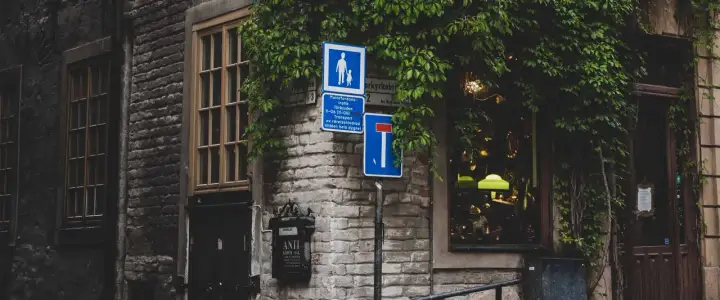 Gammal stenfasad med skyltar och en blomstrande murgröna. Skymd sikt in i en butik med gröna lampor.